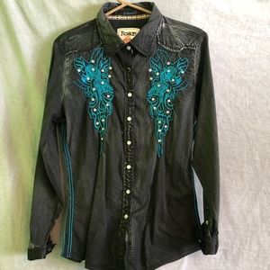 Roar Women's Shirt Black Western Cowgirl Embroider